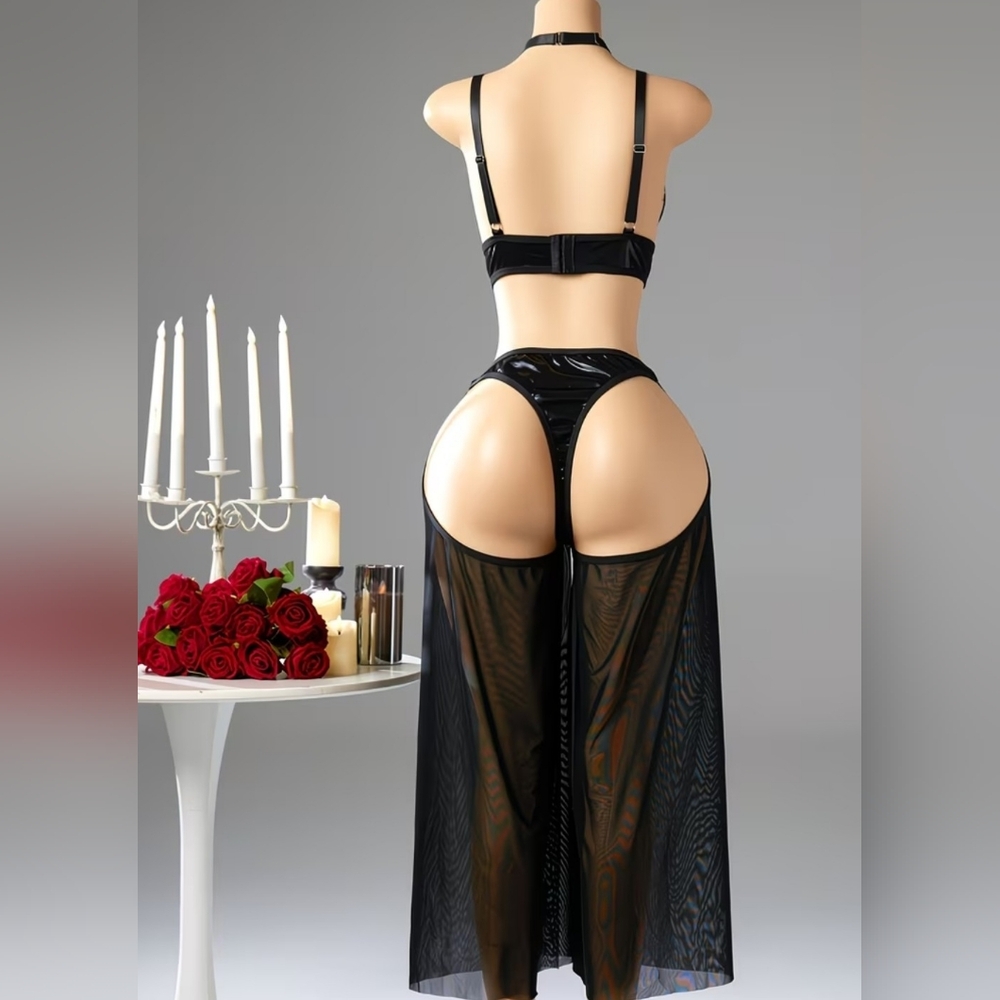 PLUS SIZE Sheer Black Cutout Skirted Garter Lingerie Set